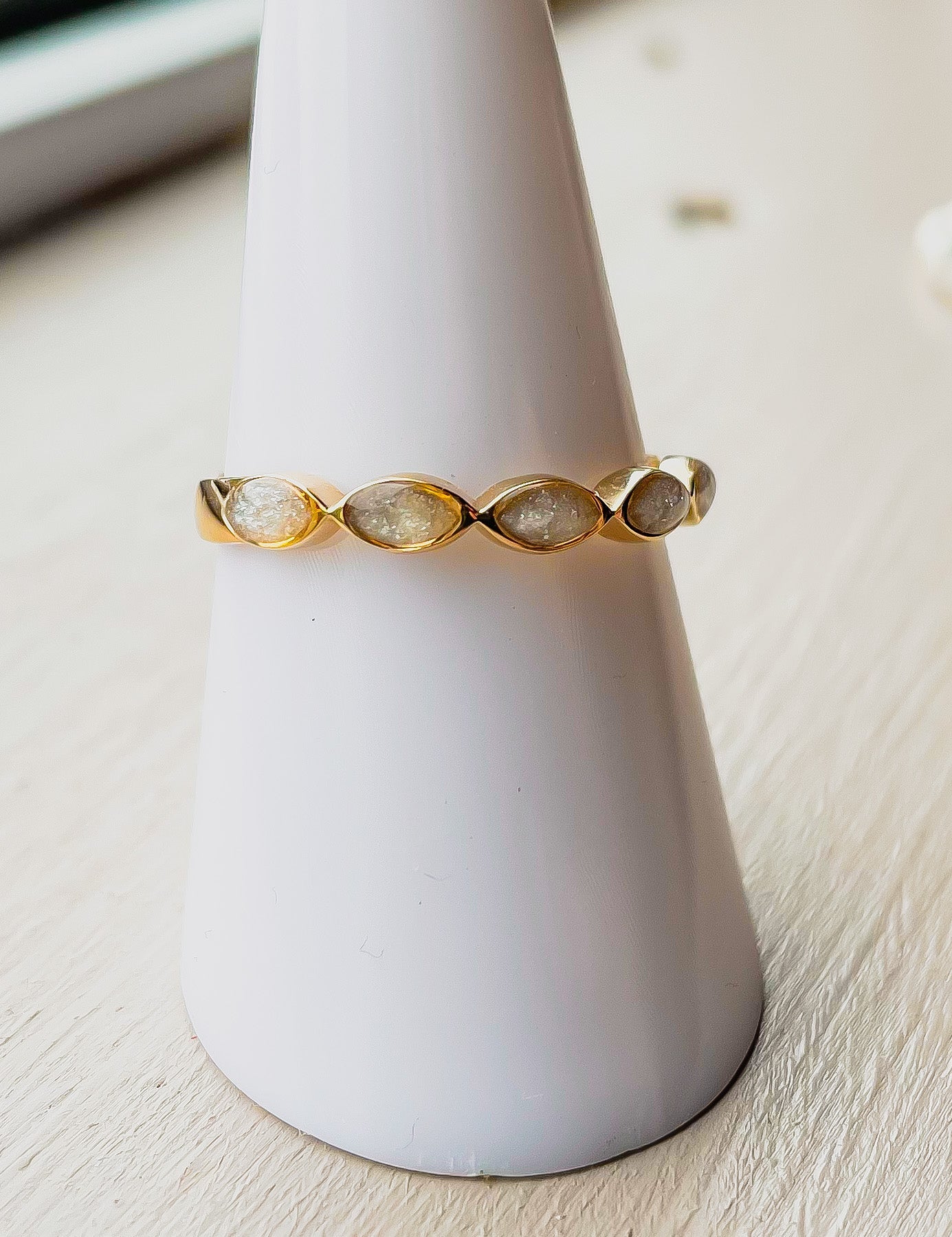 9K Yellow Gold Half Eternity Band with Breastmilk DNA keepsake Marquise Stones - Handmade in Wales