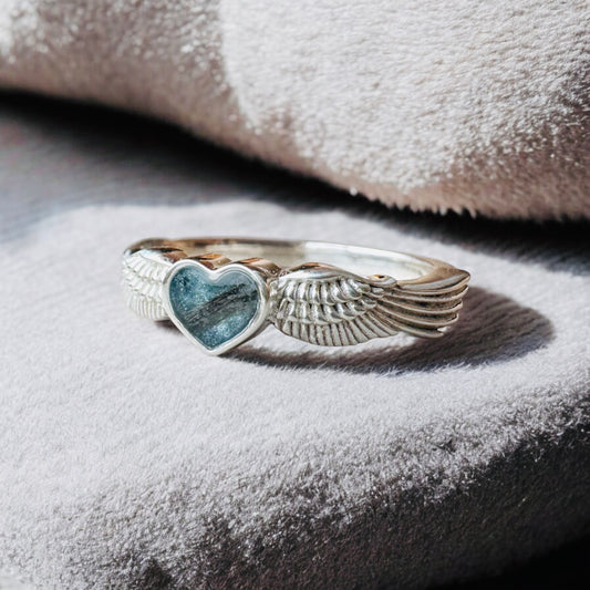 Memorial Jewellery Keepsake Hair or Ashes Ring, heart with wings in Sterling Silver - Handmade in Wales