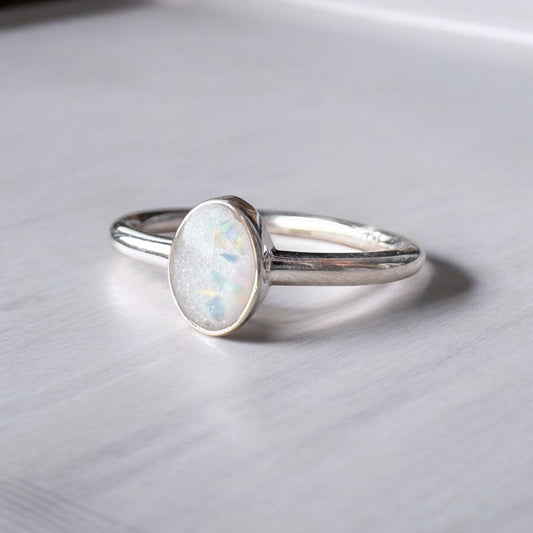 Oval Stacking Ring with opal Keepsake Memorial DNA Jewellery made with breastmilk Ashes Cord Hair - handmade in wales - Sterling Silver - Breastfeeding 