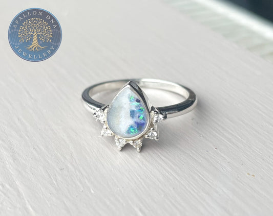 Crystal Tear Ring Memorial DNA Jewellery made with breastmilk Ashes Cord Hair and containing opal flakes - handmade in wales - Sterling Silver